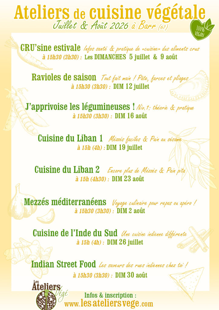 Cours de cuisine végétale (vegan) à Barr (Alsace, 67) en juillet & août 2026