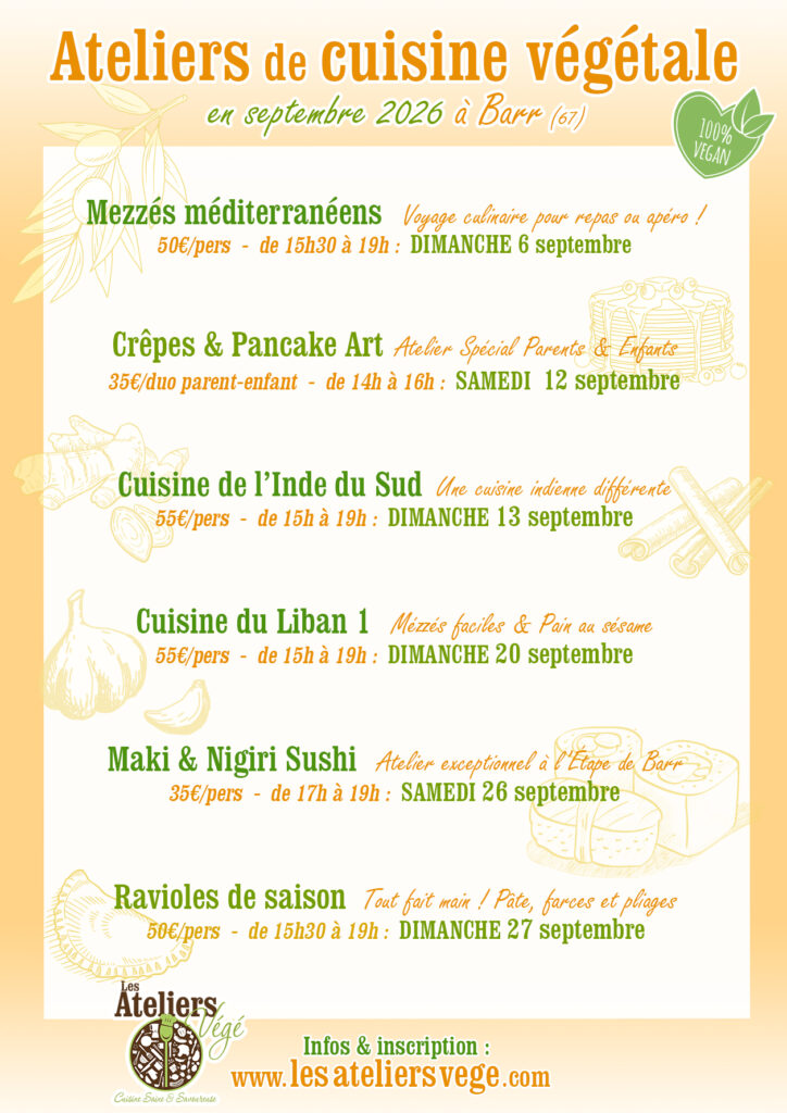 Calendrier de septembre 2026 des Cours de cuisine végétale (vegan) des Ateliers Végé à Barr (67)