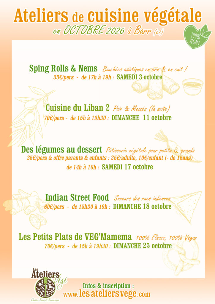 Calendrier d'octobre 2026 des Cours de cuisine végétale (vegan) des Ateliers Végé à Barr (67)