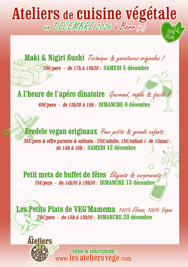 Calendrier de décembre 2026 des Cours de cuisine végétale (vegan) des Ateliers Végé à Barr (67)