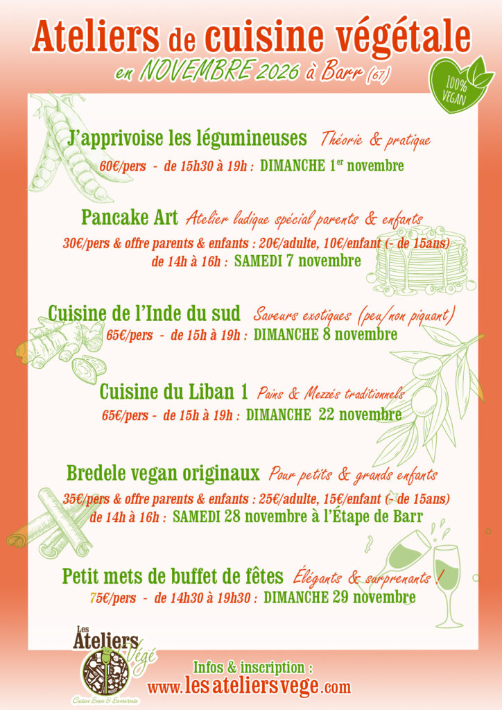 Calendrier de novembre 2026 des Cours de cuisine végétale (vegan) des Ateliers Végé à Barr (67)